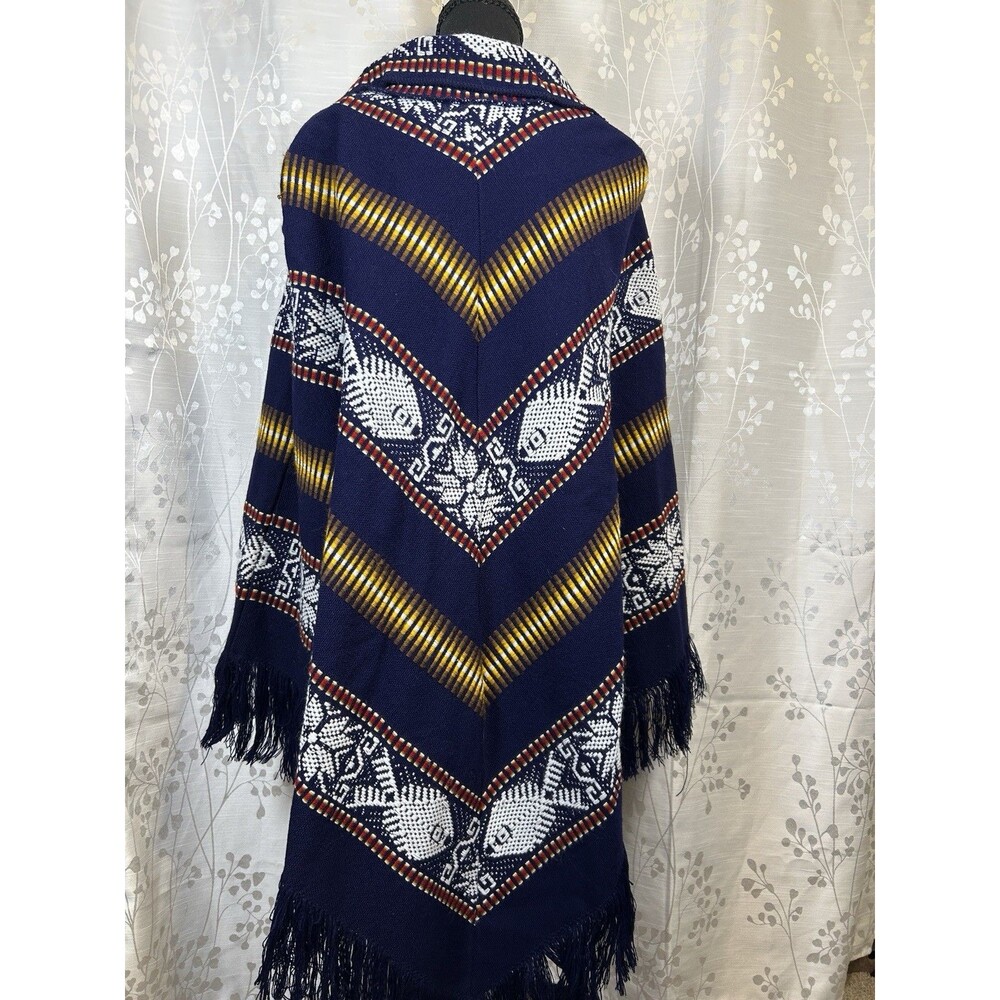 100% Wool Poncho Artisan Unisex One Size Blue Fringe Scarf Tassels Aztec